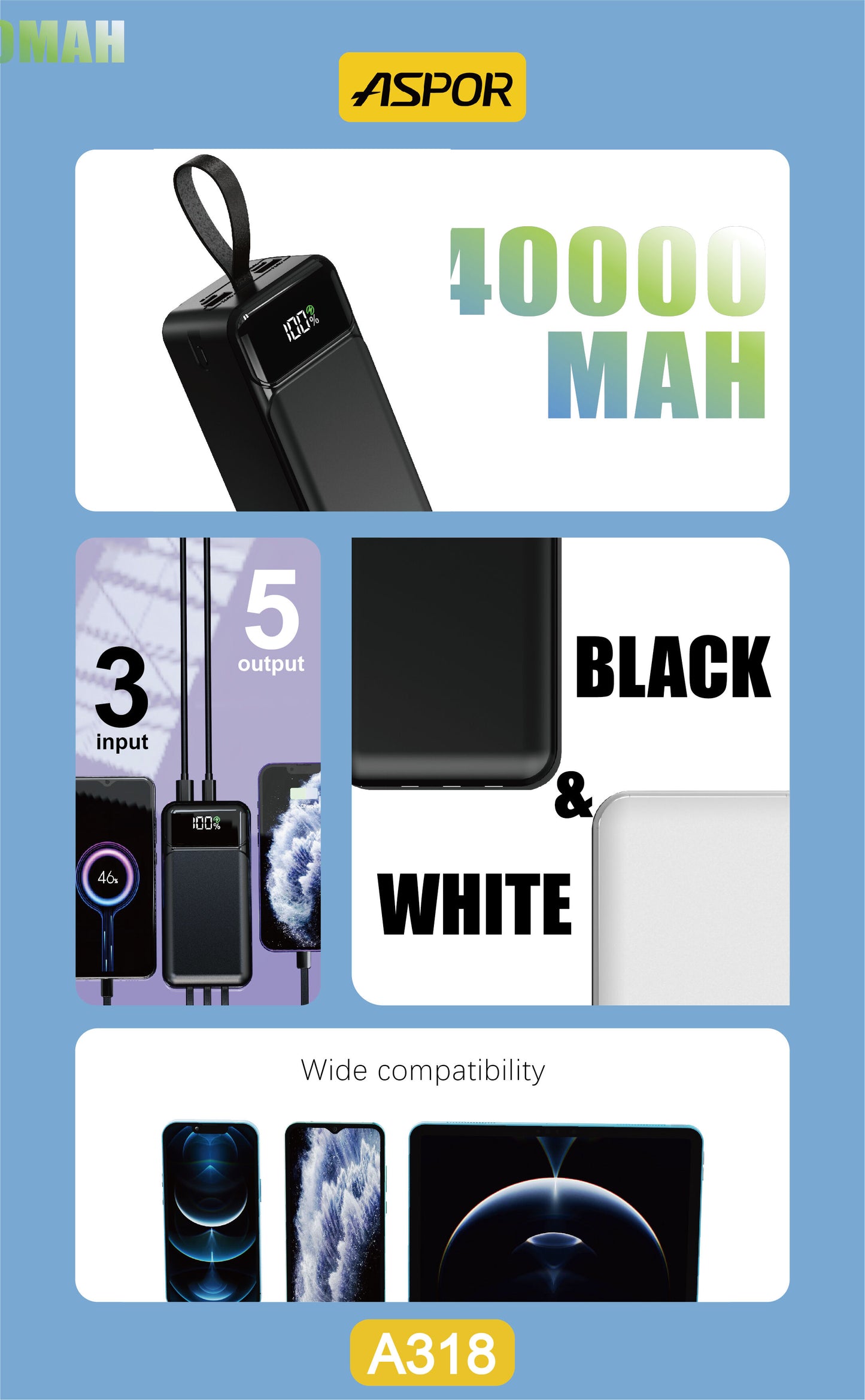 Aspor A318 40000 Power Bank - 3 In 1
