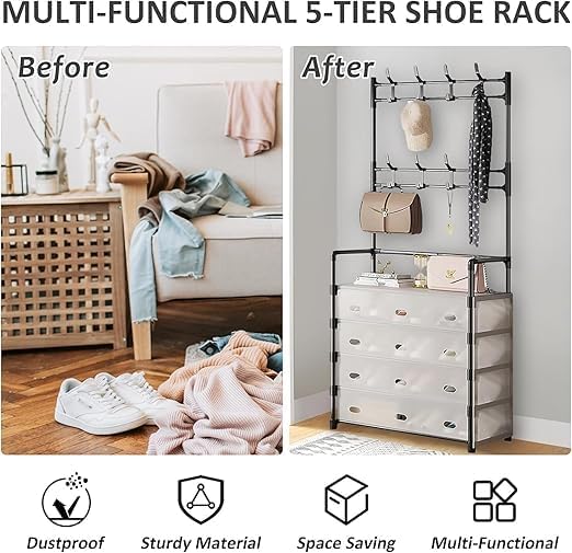 5 Layer Dustproof Shoe Rack With Hanging Organizer