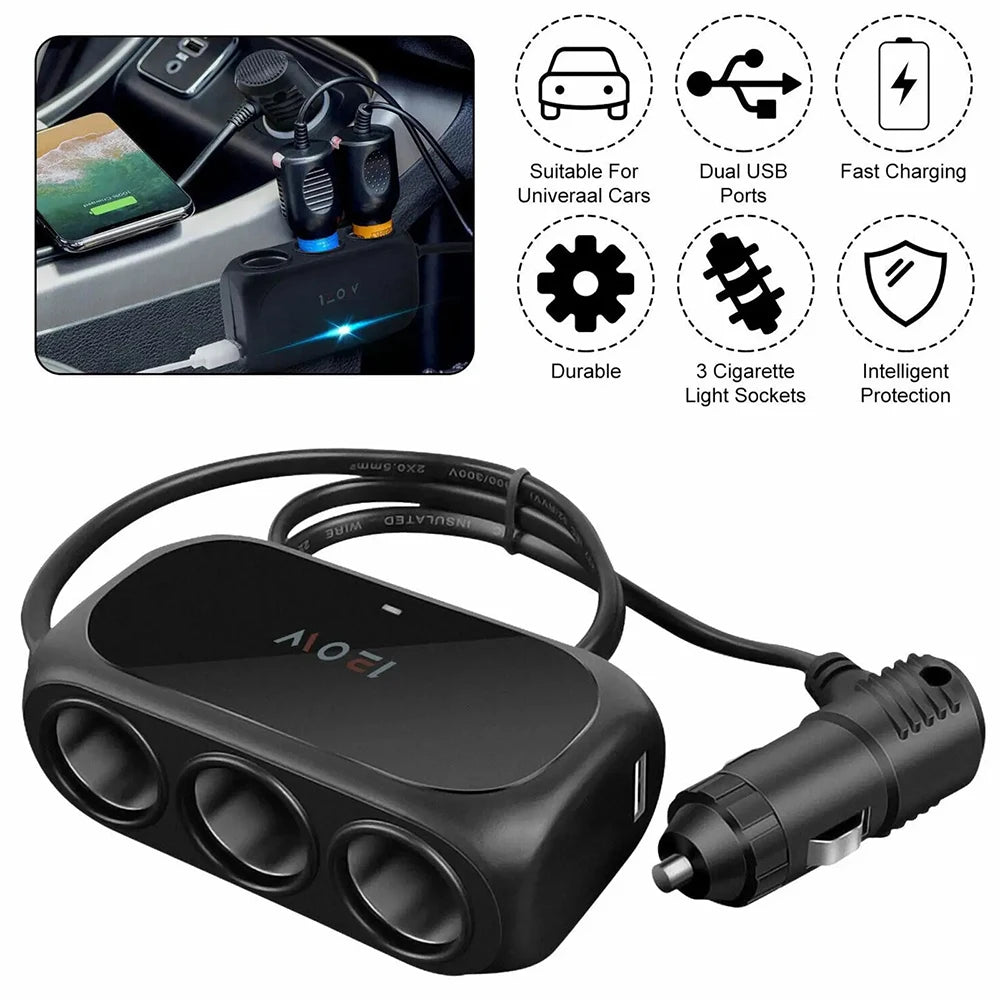 120W 3 Socket Car Charger Adapter