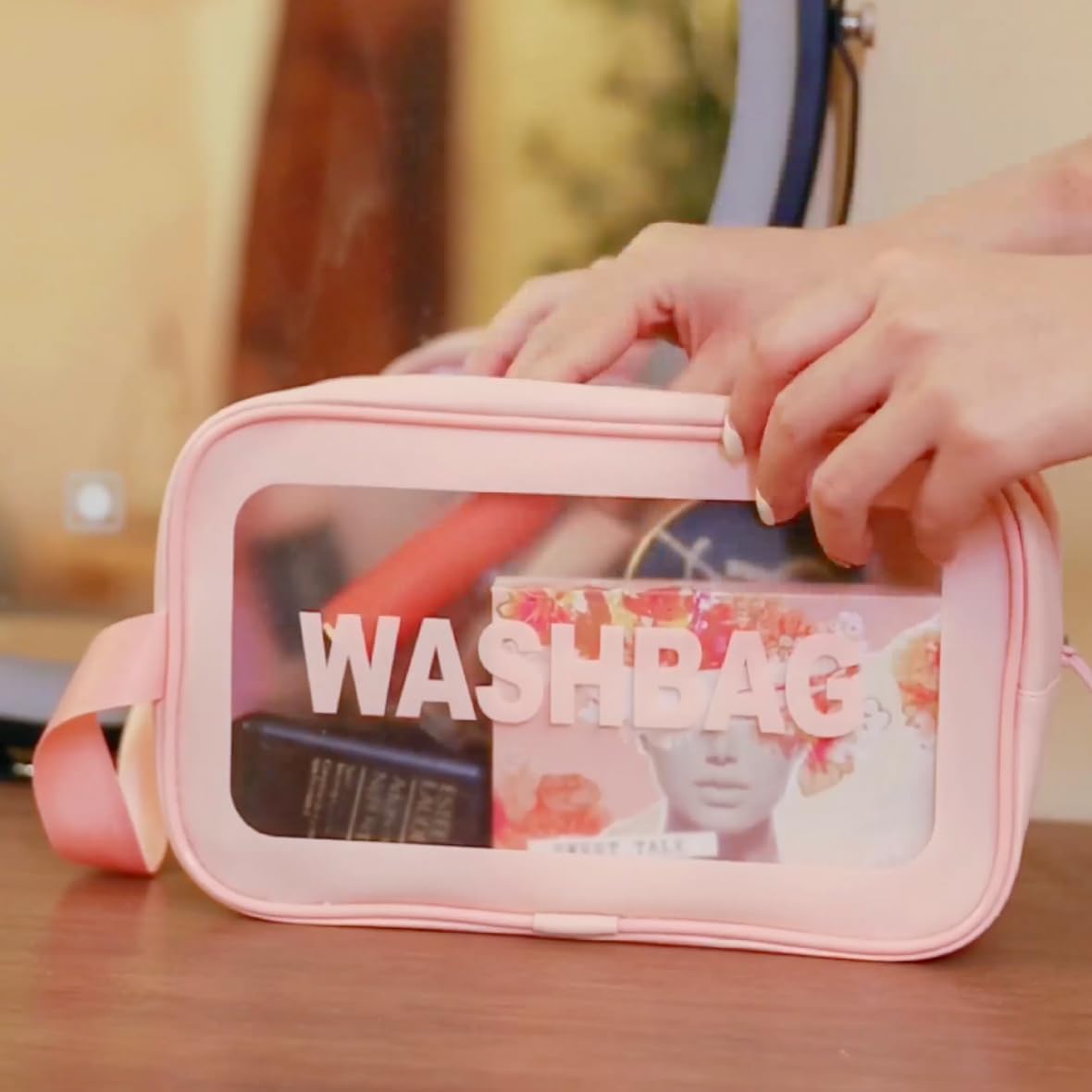 Clear Cosmetic Travel Wash Bag -Medium (Pink)