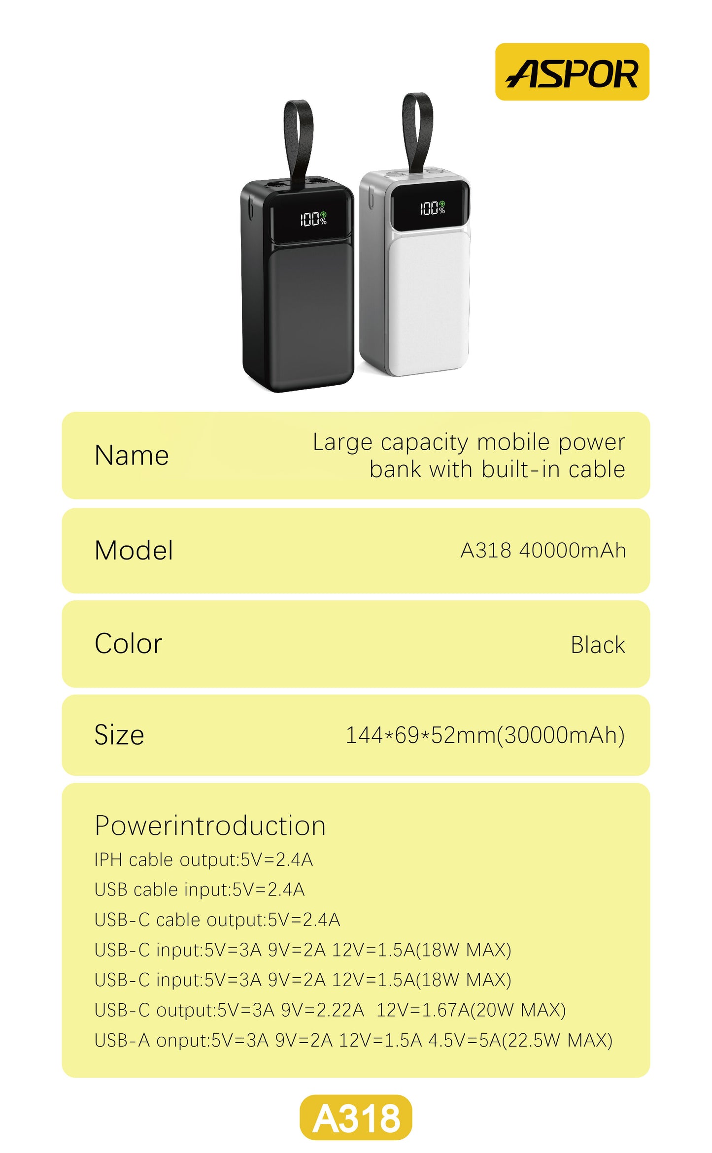 Aspor A318 40000 Power Bank - 3 In 1